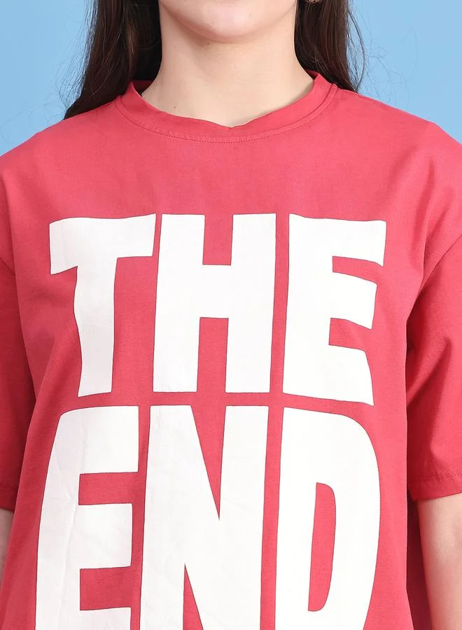 Styli Women Red Oversized Graphic Print T-Shirt By Door74