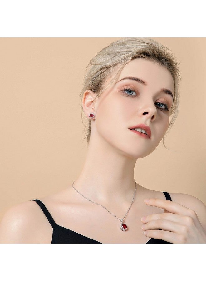 AMYJANE Crystal Jewelry Set For Women Elegant Sterling Silver Round Red Cubic Zirconia Cz Rhinestone Necklace Halo Stud Earrings Set Wedding Party Ruby July Birthstone Fashion Jewelry Set Birthday Gift - Image 3