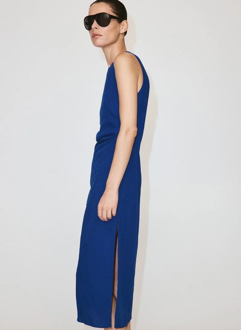 Mango royal blue Side Ruched Dress With Tie Detail for Women | Best Price UAE