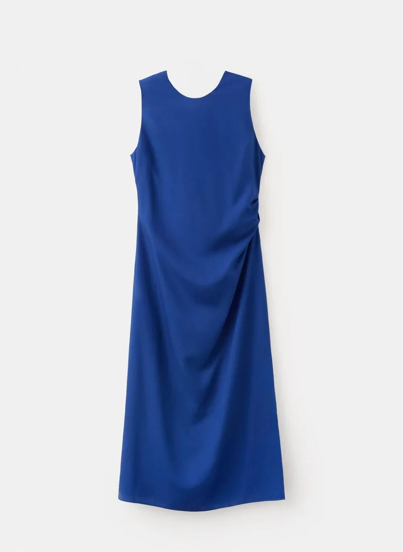 Mango royal blue Side Ruched Dress With Tie Detail for Women | Best Price UAE