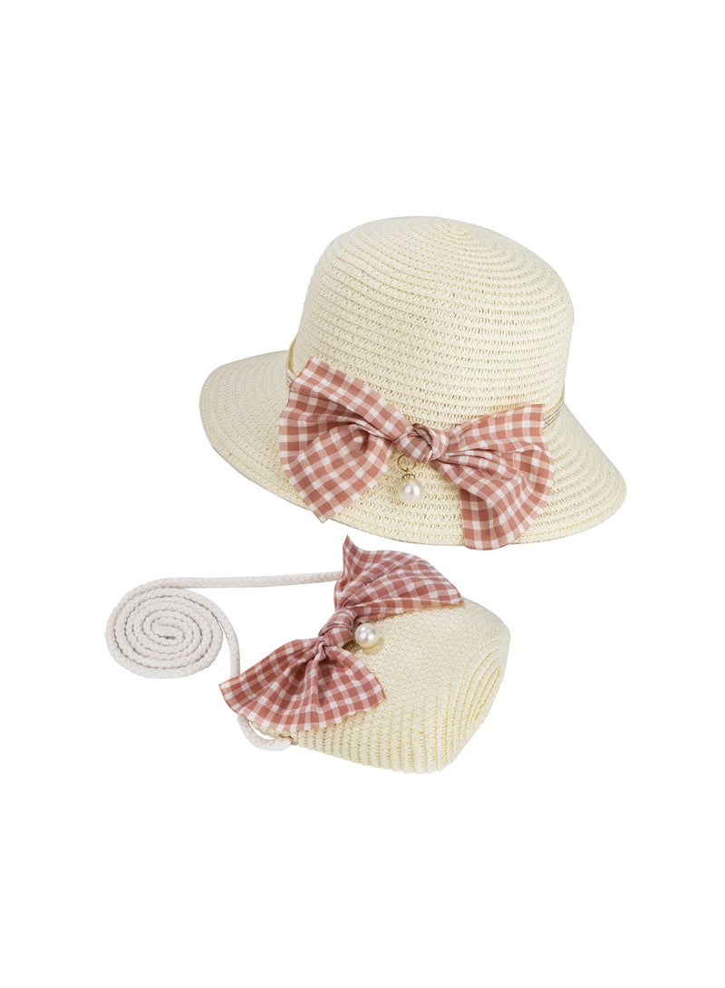 Girls' Summer Straw Hat and Mini Crossbody Bag Set with Bowknot Decoration, Perfect for Sun Protection and Outdoor Activities, Ideal Beach Cap for Kids' Travel and Fun in the Sun. - Image 1