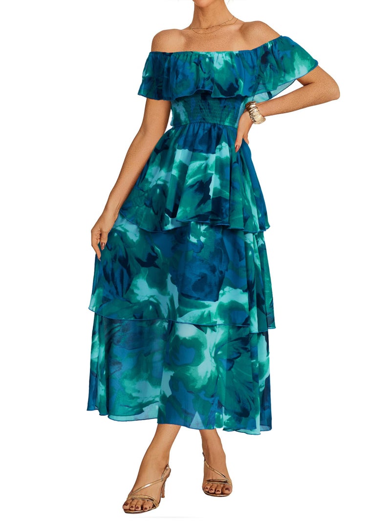 Simplee Womens Floral Wedding Guest Dress Spring Summer 2026 Chiffon Boho Off Shoulder Smocked Tiered Flowy Maxi Dresses(Lake Blue S) - Image 1