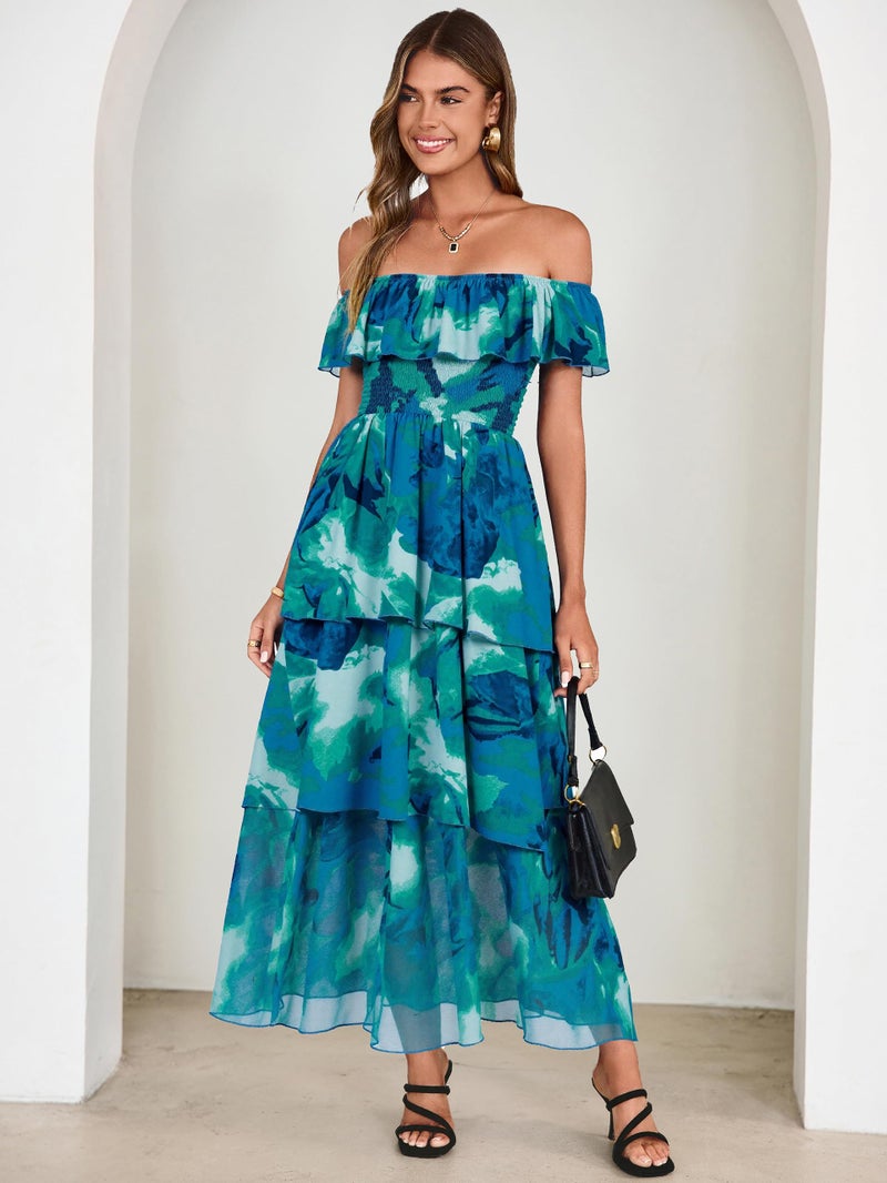 Simplee Womens Floral Wedding Guest Dress Spring Summer 2026 Chiffon Boho Off Shoulder Smocked Tiered Flowy Maxi Dresses(Lake Blue S) - Image 5