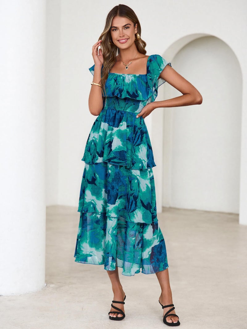 Simplee Womens Floral Wedding Guest Dress Spring Summer 2026 Chiffon Boho Off Shoulder Smocked Tiered Flowy Maxi Dresses(Lake Blue S) - Image 2