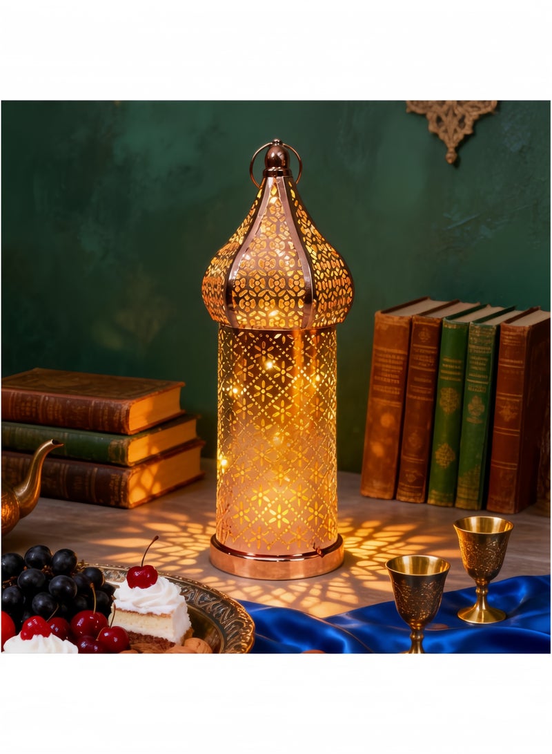 GGEROU Antique Moroccan Lantern Lamp, Decorative Candle Holders, Battery Operated Iron Table Lamp Moroccan Lantern for Ramadan Decorations, Home Decor, Outdoor Patio or Porch (Gold,M) - Image 2
