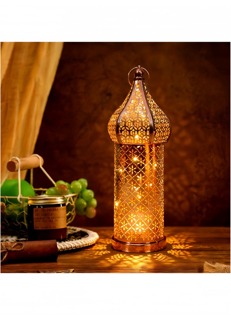 GGEROU Antique Moroccan Lantern Lamp, Decorative Candle Holders, Battery Operated Iron Table Lamp Moroccan Lantern for Ramadan Decorations, Home Decor, Outdoor Patio or Porch (Gold,M) - Image 3