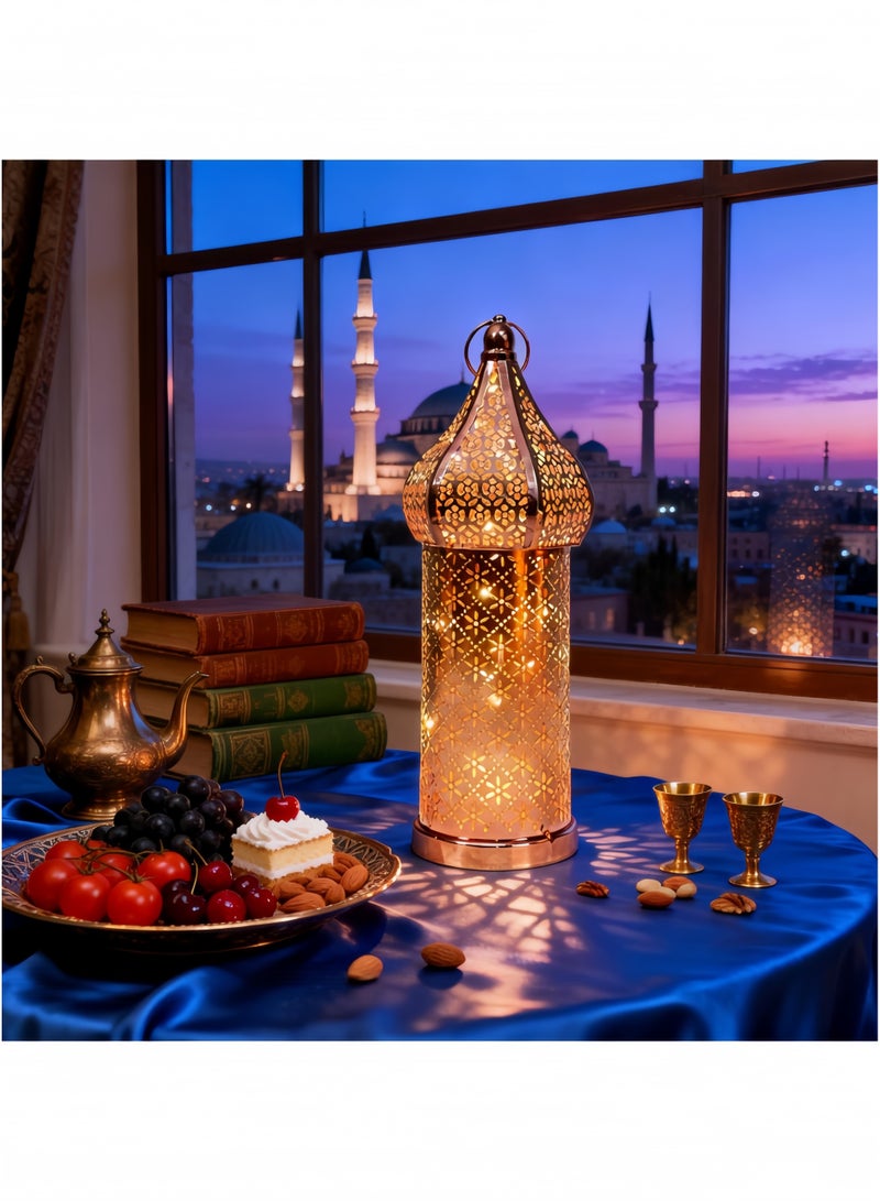 GGEROU Antique Moroccan Lantern Lamp, Decorative Candle Holders, Battery Operated Iron Table Lamp Moroccan Lantern for Ramadan Decorations, Home Decor, Outdoor Patio or Porch (Gold,M) - Image 5