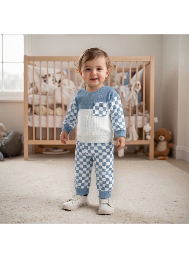 allshope Toddler Baby Boy Fall Outfit Contrast Color Sweatshirt Tops with Elastic Waist Pants Cute Infant Newborn Waffle Clothes, Checkerboard Blue, 12-18 months - Image 2