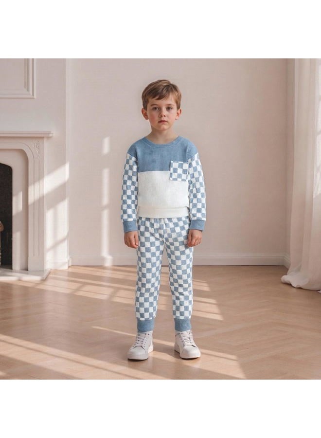 allshope Toddler Baby Boy Fall Outfit Contrast Color Sweatshirt Tops with Elastic Waist Pants Cute Infant Newborn Waffle Clothes, Checkerboard Blue, 12-18 months - Image 4