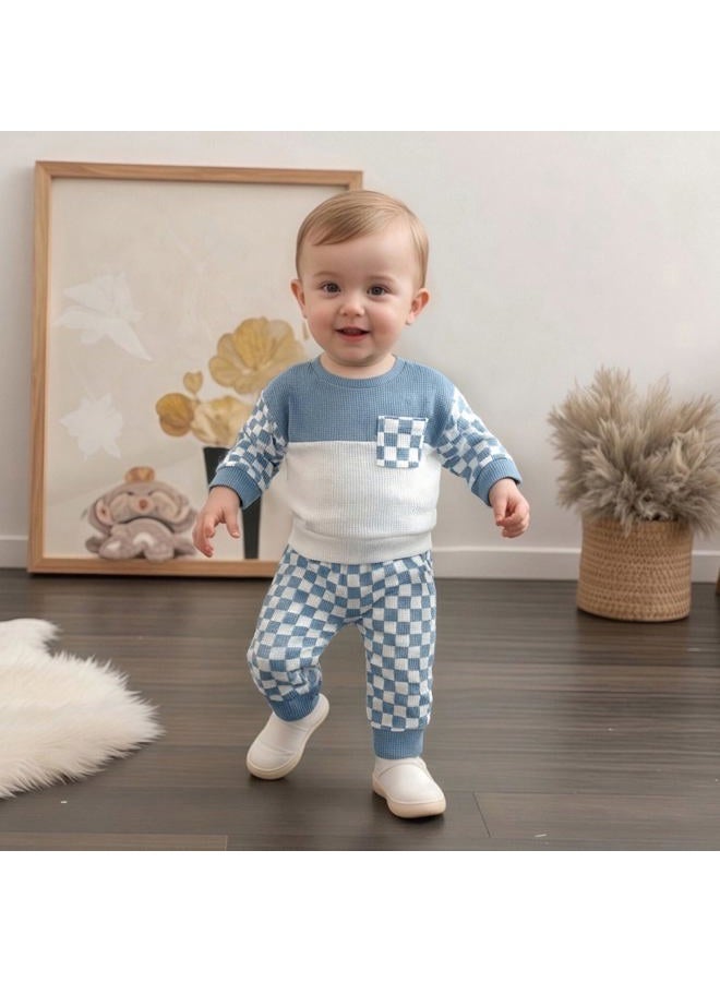 allshope Toddler Baby Boy Fall Outfit Contrast Color Sweatshirt Tops with Elastic Waist Pants Cute Infant Newborn Waffle Clothes, Checkerboard Blue, 12-18 months - Image 3