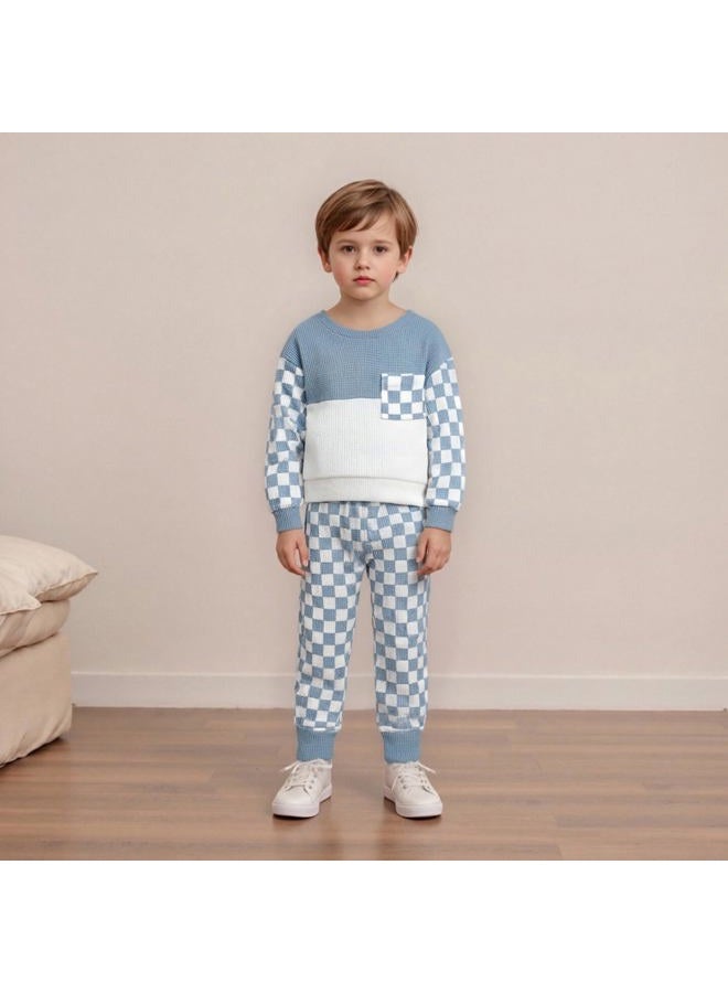 allshope Toddler Baby Boy Fall Outfit Contrast Color Sweatshirt Tops with Elastic Waist Pants Cute Infant Newborn Waffle Clothes, Checkerboard Blue, 12-18 months - Image 5