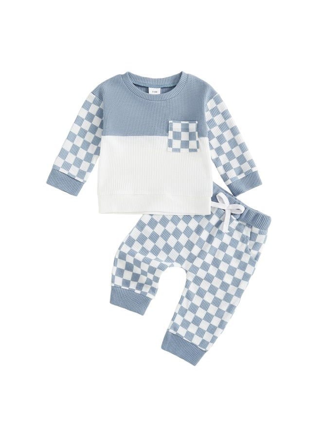 allshope Toddler Baby Boy Fall Outfit Contrast Color Sweatshirt Tops with Elastic Waist Pants Cute Infant Newborn Waffle Clothes, Checkerboard Blue, 12-18 months - Image 1