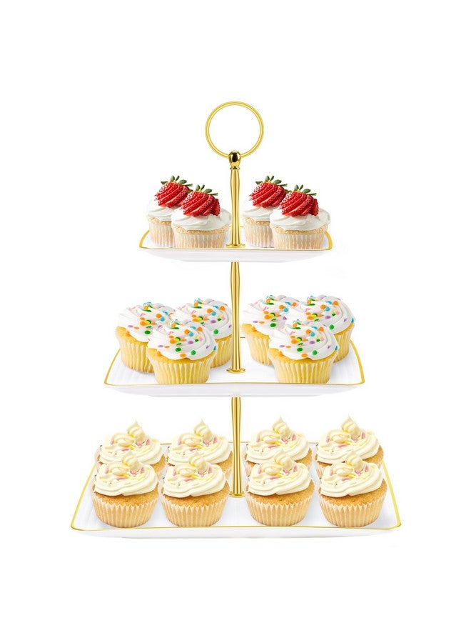 Hoedia 3 Tier Cupcake Stand Tower, White Plastic Cup Cake Holder for Dessert Table, Tiered Serving Tray for Tea Party, Baby Shower, Wedding and More (Square) - Image 1