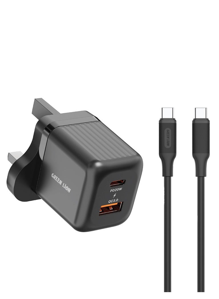 GREEN LION Ultra Compact GaN Wall Charger 2 Port UK Pin PD20W + QC3.0 with USB-C to USB-C Cable/ USB-C & USB-A Ports / Simultaneous Charging for Phone & Laptop /Charging  Protection / Travel / Secure Charger for Home & Office - Black - Image 1