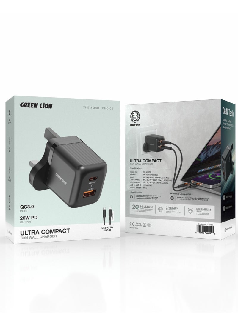 GREEN LION Ultra Compact GaN Wall Charger 2 Port UK Pin PD20W + QC3.0 with USB-C to USB-C Cable/ USB-C & USB-A Ports / Simultaneous Charging for Phone & Laptop /Charging  Protection / Travel / Secure Charger for Home & Office - Black - Image 5
