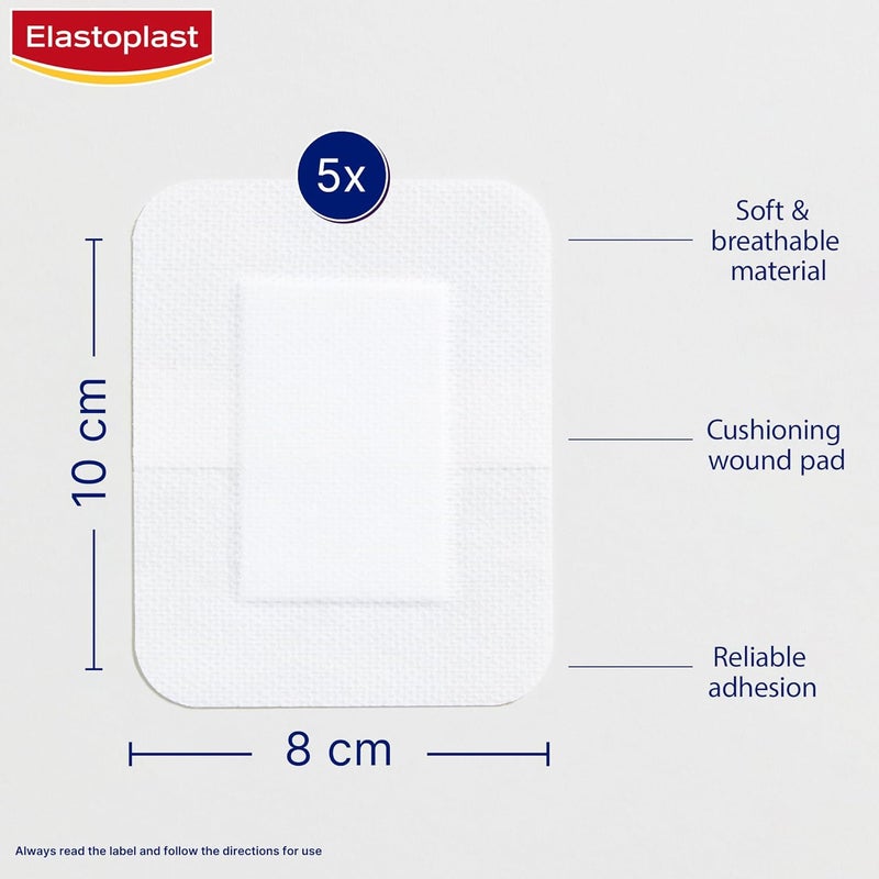إيلاستوبلاست ضمادات Sensitive XXL Med+ (5 لصقات)، علبة لصقات إسعافات أولية، لصقات يومية أكبر للجروح بعد العمليات الجراحية، ضمادات معقمة صديقة للبشرة للجروح، خالية من اللاتكس، شفافة - Image 4