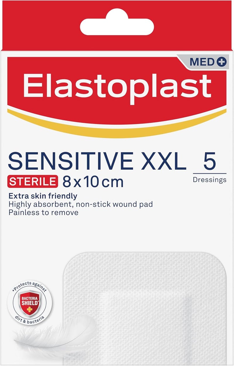 إيلاستوبلاست ضمادات Sensitive XXL Med+ (5 لصقات)، علبة لصقات إسعافات أولية، لصقات يومية أكبر للجروح بعد العمليات الجراحية، ضمادات معقمة صديقة للبشرة للجروح، خالية من اللاتكس، شفافة - Image 1
