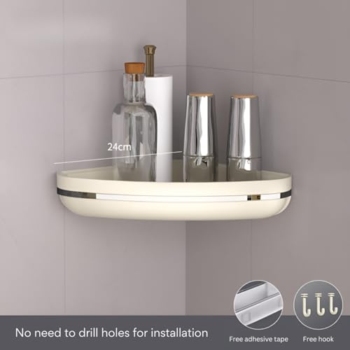 HoopVool Plastic Bathroom Shelf Organizer,Self Adhesive No Drill Shower Shelf Easy Installation, Wall Mounted Shelf, with Towel Napkin Holder with Hook,Used for Bathroom and Kitchen (Corner, Cream) - Image 3