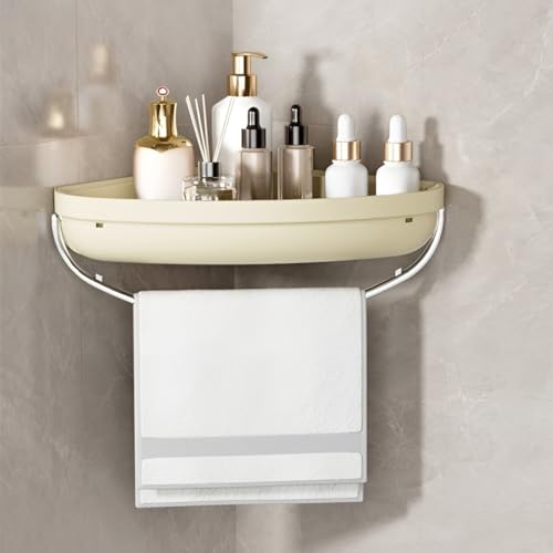 HoopVool Plastic Bathroom Shelf Organizer,Self Adhesive No Drill Shower Shelf Easy Installation, Wall Mounted Shelf, with Towel Napkin Holder with Hook,Used for Bathroom and Kitchen (Corner, Cream) - Image 1
