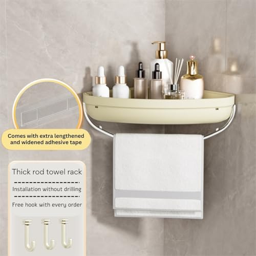 HoopVool Plastic Bathroom Shelf Organizer,Self Adhesive No Drill Shower Shelf Easy Installation, Wall Mounted Shelf, with Towel Napkin Holder with Hook,Used for Bathroom and Kitchen (Corner, Cream) - Image 4