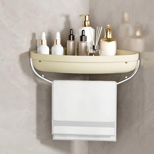 HoopVool Plastic Bathroom Shelf Organizer,Self Adhesive No Drill Shower Shelf Easy Installation, Wall Mounted Shelf, with Towel Napkin Holder with Hook,Used for Bathroom and Kitchen (Corner, Cream) - Image 2