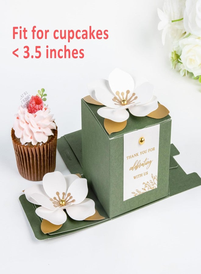 FEIYI 20 PCS Gift Boxes, 3 In 1 Olive Green Favor Boxes with Floral Decor, White Thank You Tags Cupcake Containers Gift wrapping for Wedding, Baby Shower, Birthday, Decorations Party - 3.55x3.55x3.55 - Image 4