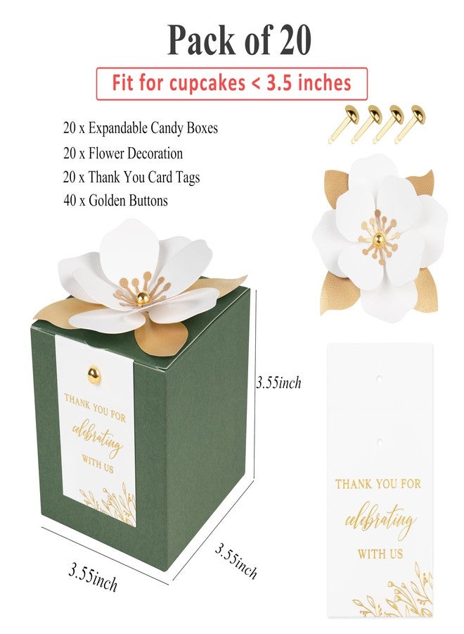 FEIYI 20 PCS Gift Boxes, 3 In 1 Olive Green Favor Boxes with Floral Decor, White Thank You Tags Cupcake Containers Gift wrapping for Wedding, Baby Shower, Birthday, Decorations Party - 3.55x3.55x3.55 - Image 2