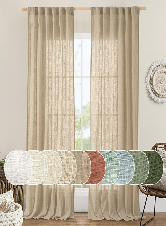 LAMIT Living Room Linen Curtains 95 Inch for Bedroom, Back Tab and Rod Pocket Linen Textured Sheer Curtains Light Filtering Burlap Drapes for Farmhouse, 2 Panels, 52 x 95 Inch, Brown - Image 1