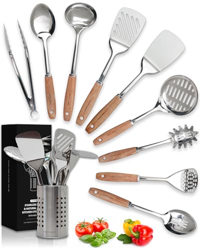 HomeHero Home Hero Stainless Steel Kitchen Utensils Set - Wood Handle Nonstick Stainless Steel Cooking Utensils Set - Heat Resistant Kitchen Essentials & Metal Kitchen Gadgets (Silver & Wood) - Image 1