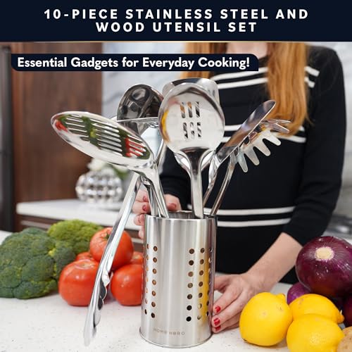 HomeHero Home Hero Stainless Steel Kitchen Utensils Set - Wood Handle Nonstick Stainless Steel Cooking Utensils Set - Heat Resistant Kitchen Essentials & Metal Kitchen Gadgets (Silver & Wood) - Image 2