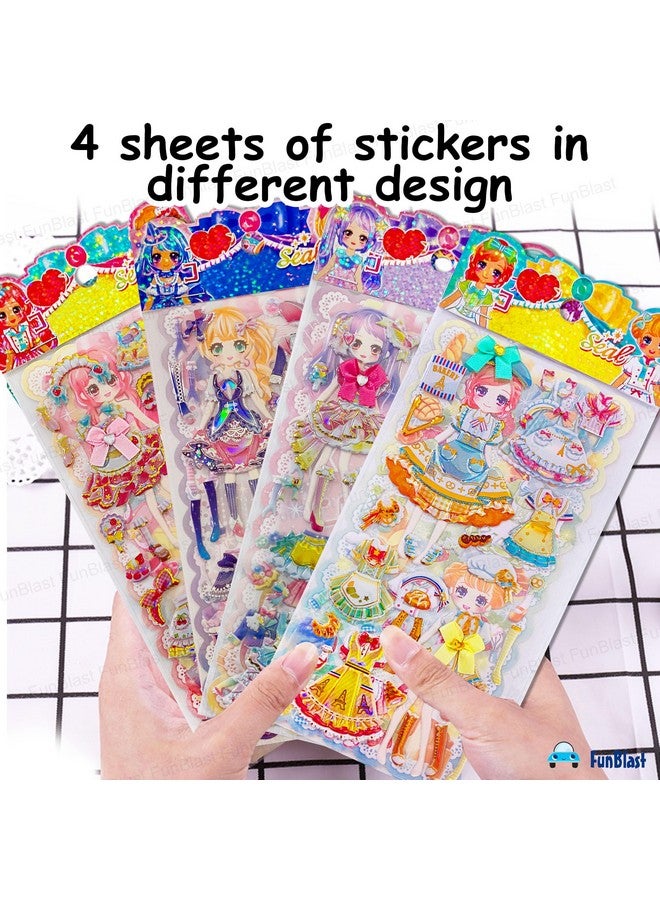 فنبلاست مجموعة ملصقات FunBlast Kawaii - مجموعة من 4 ملصقات تغيير ملابس الأميرات، ملصقات ثلاثية الأبعاد للبنات، ملصقات جمالية، ملصقات لطيفة، ملصقات ذاتية اللصق، مجموعة ملصقات منتفخة (9+10+11+12) - Image 4