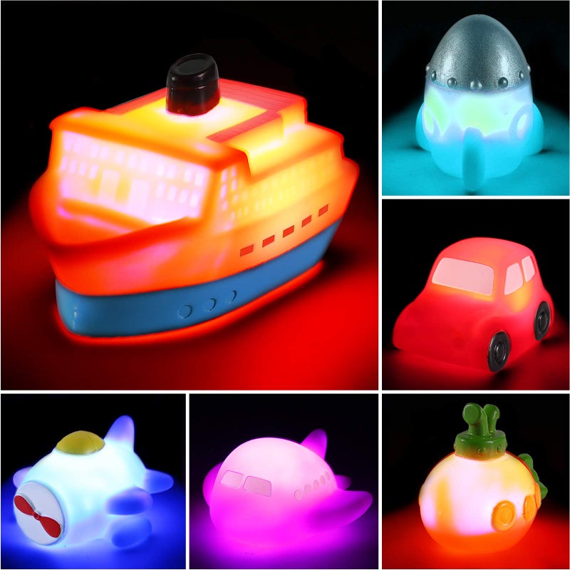 CHIMAGER 6 packs No Hole Boat Bath Toy Set, Light up Changing Color in Water, Floating Rubber Bathtub Toys for Baby Toddler Infant Boy Girl Kid Play, Led Growing Pal in Shower Bathroom Tub or swimming pool - Image 1