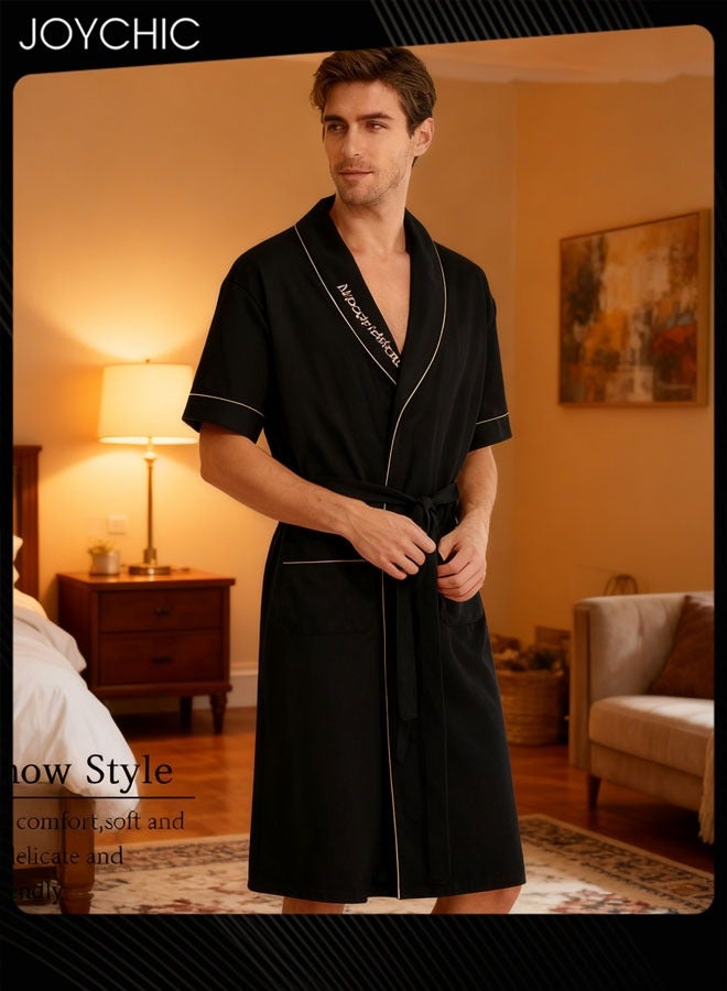 Joychic بيجامة قطنية بسيطة للرجال على الطراز الياباني بأكمام قصيرة، رداء نوم فضفاض وقابل للتنفس مع حزام قابل للتعديل لفصلي الربيع والصيف والخريف باللون الأسود - Image 1