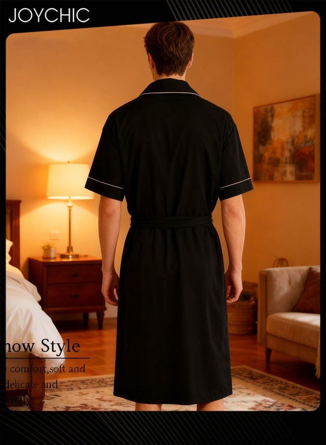 Joychic بيجامة قطنية بسيطة للرجال على الطراز الياباني بأكمام قصيرة، رداء نوم فضفاض وقابل للتنفس مع حزام قابل للتعديل لفصلي الربيع والصيف والخريف باللون الأسود - Image 3
