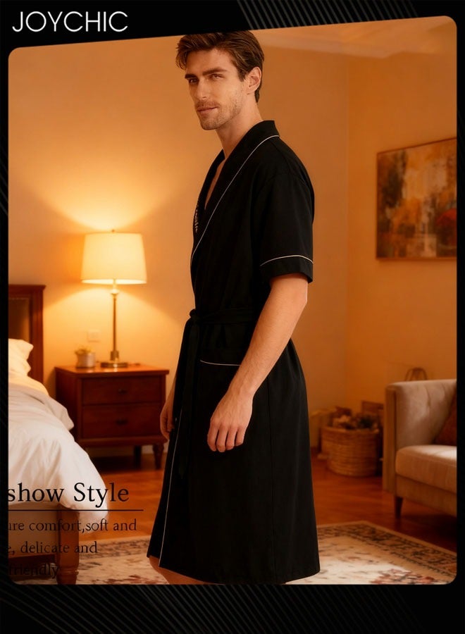 Joychic بيجامة قطنية بسيطة للرجال على الطراز الياباني بأكمام قصيرة، رداء نوم فضفاض وقابل للتنفس مع حزام قابل للتعديل لفصلي الربيع والصيف والخريف باللون الأسود - Image 2