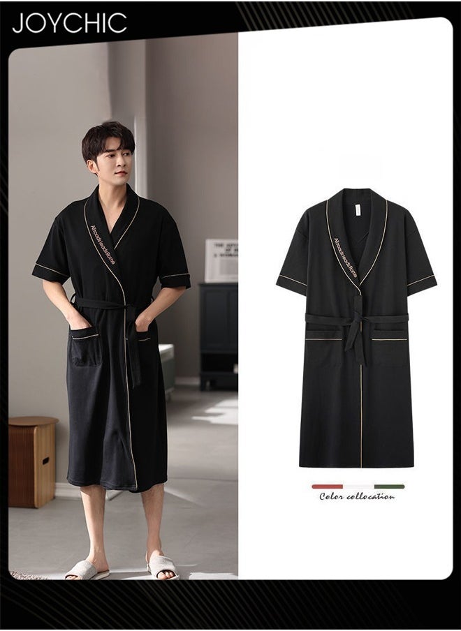 Joychic Japanese Style Men Pure Cotton Pajamas Simple Leisure Male Short-sleeved All-in-one Loose Breathable Sleep Robe with Adjustbale Belt for Spring and Summer Autumn Black  - Image 1