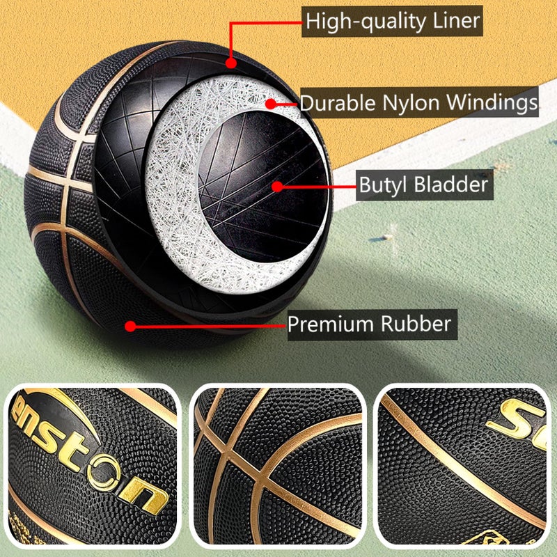 Senston 29.5'' Basketball Outdoor Indoor Rubber Basketball Ball Official Size 7 Basketballs with Pump Black/Gold - Image 5