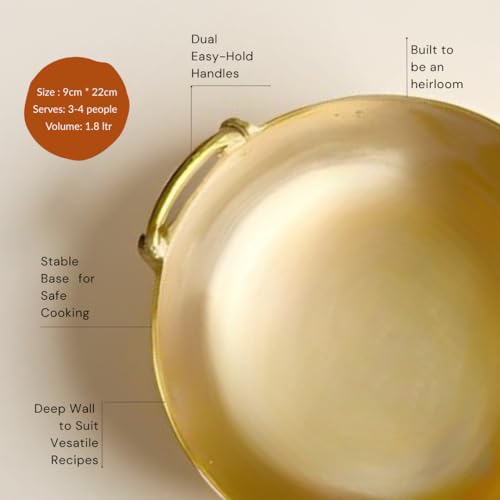 NUTRION Bronze Kadhai 22Cm/ 1.8L with Insulated Heat-Resistant Handle | Handcrafted Traditional Cookware for Indian Cooking 100% Pure Bronze Kadhai Tin Coated - Image 3
