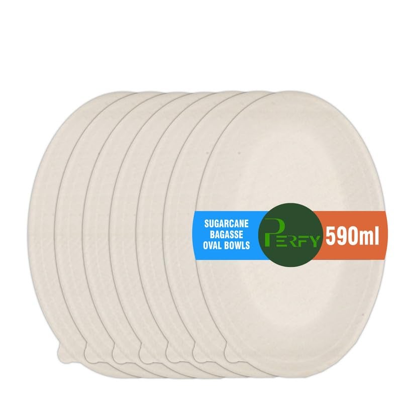 Perfy Disposable Bagasse Bowls (590ml)| Eco-Friendly, Biodegradable, Sugarcane Paper Bowls | for Serving Snacks & Dinner | Birthday & Wedding | Oval, Beige(Pack of 50) - Image 1