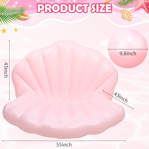Motionchic 55 Inch Pool Float Inflatable Adult Seashell Float with Pearl Ball Cute Pool Lounge Chairs for Women Summer Beach Ocean Birthday Theme Party Favors(Pink) - Image 2