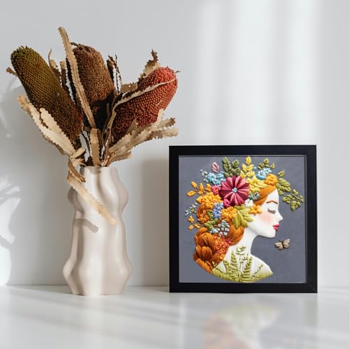FONNUY Floral Women Embroidery Kit for Beginners, Colorful Long Hair Girl Pre-Stamped Pattern Kits for Adults with Hoop, Thread Needlework, 8'' Hoop (Gold) - Image 3