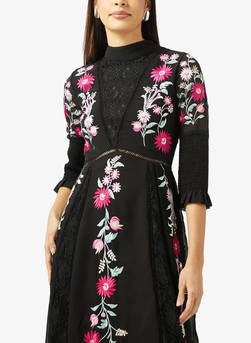 Frock And Frill  Embroidered High Neck Maxi Dress for Women | Best Price UAE