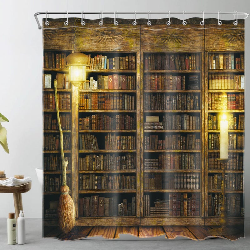 LB Witch Shower Curtain Magic Book Shelf Flying Broom Shower Curtains for Bathroom Magical Wood Cabin Halloween Bathroom Curtain72x72 Inches Waterproof Fabric Shower Curtain Set with Hooks