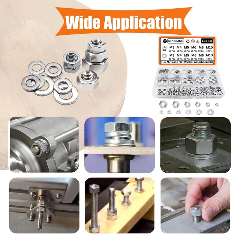 GENERASIS طقم مجموعة صواميل وم washers مترية، 6 أحجام من الصواميل ومجموعة washers (M3 M4 M5 M6 M8 M10) صواميل سداسية من الفولاذ المقاوم للصدأ 304 لبراغي الصواميل (600 قطعة مجموعة كبيرة) - Image 3