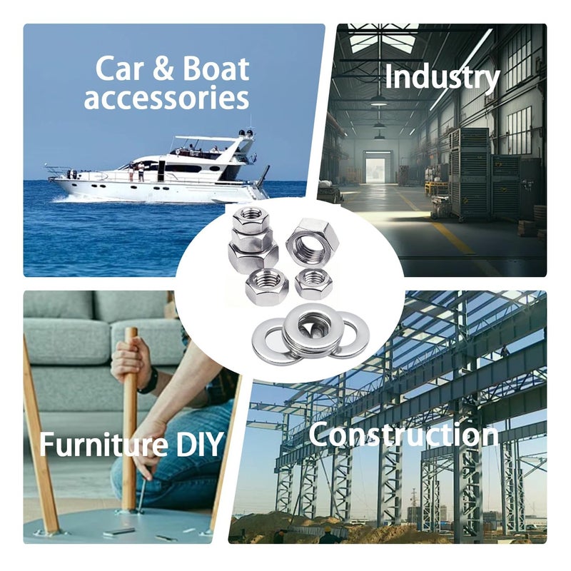 GENERASIS طقم مجموعة صواميل وم washers مترية، 6 أحجام من الصواميل ومجموعة washers (M3 M4 M5 M6 M8 M10) صواميل سداسية من الفولاذ المقاوم للصدأ 304 لبراغي الصواميل (600 قطعة مجموعة كبيرة) - Image 5
