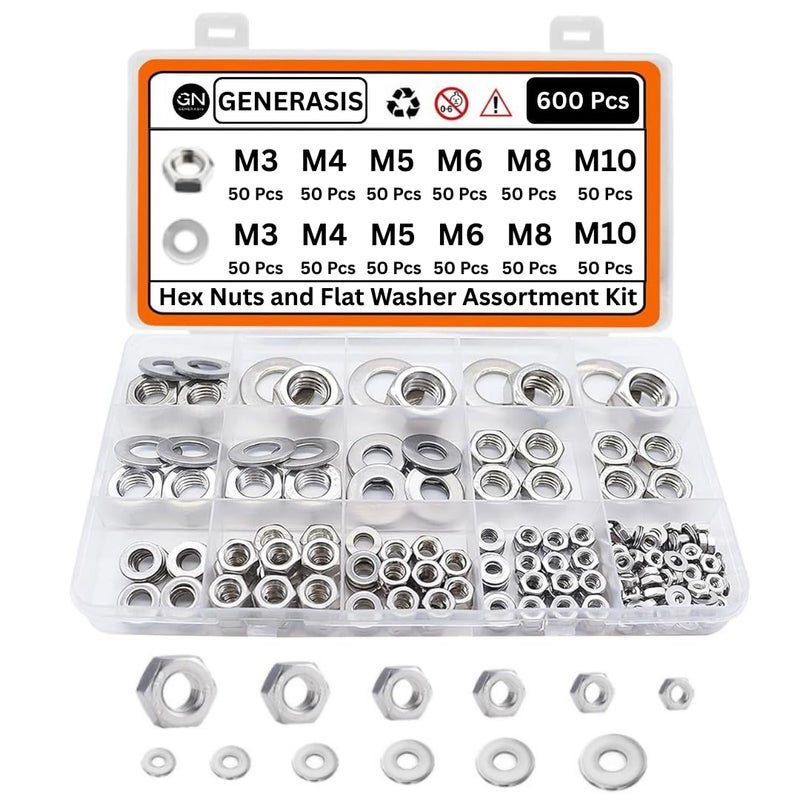 GENERASIS طقم مجموعة صواميل وم washers مترية، 6 أحجام من الصواميل ومجموعة washers (M3 M4 M5 M6 M8 M10) صواميل سداسية من الفولاذ المقاوم للصدأ 304 لبراغي الصواميل (600 قطعة مجموعة كبيرة) - Image 1