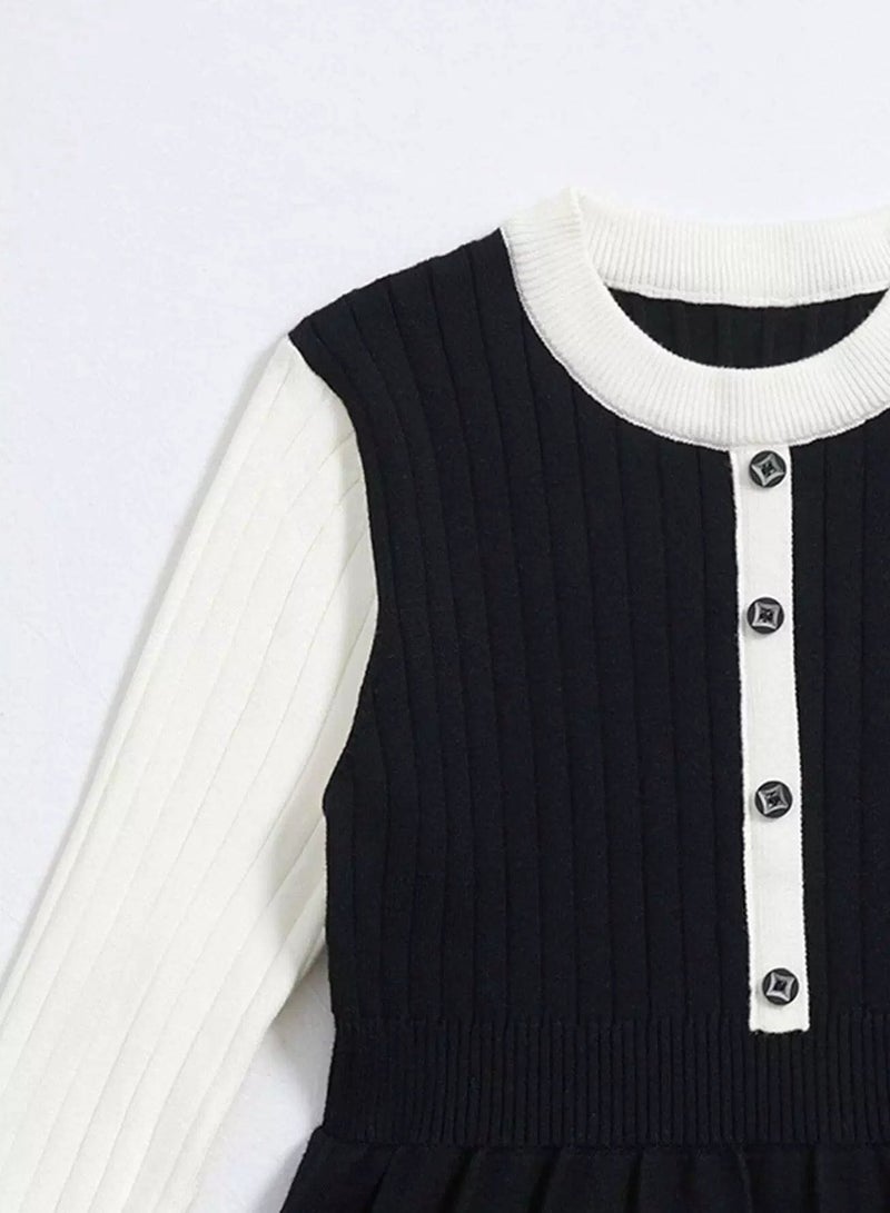 Girls Color Block Single Breasted Fold Pleated Sweater Dress - Image 5