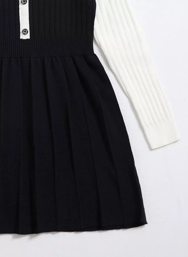Girls Color Block Single Breasted Fold Pleated Sweater Dress - Image 4