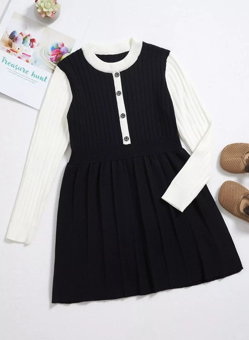 Girls Color Block Single Breasted Fold Pleated Sweater Dress - Image 1