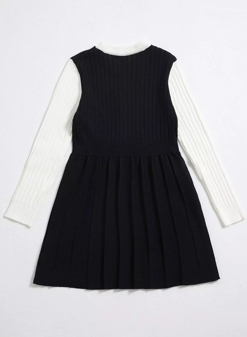 Girls Color Block Single Breasted Fold Pleated Sweater Dress - Image 2